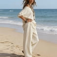 thumbnail image 5 of Sheghy Womens Summer Sets 100%Cotton Women Casual Solid Boho 2 Piece Set Off Shoulder Loose Top & Wide Leg Pants Loungewear Vacation Outfit, 5 of 8