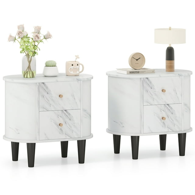 Gymax Table de Chevet 2 Pcs avec 2 Tiroirs Table de Chevet en Faux Marbre pour Petit Espace