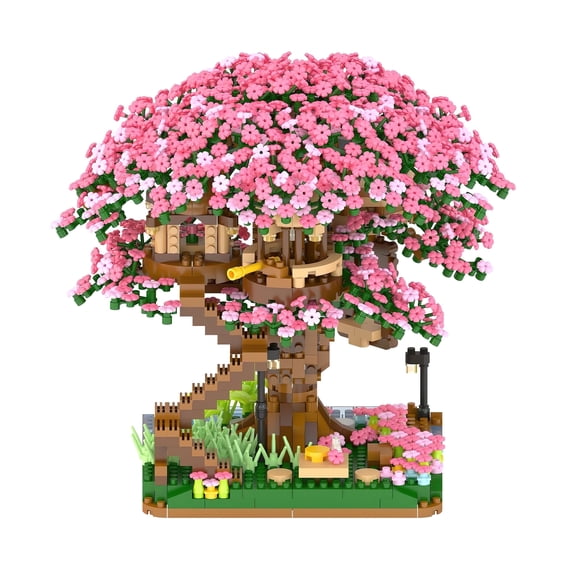 HI-REEKE Sakura Tree House Mini Building Block Set Cherry Blossom Bonsai Plastic Toy for Girl Pink