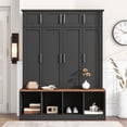 thumbnail image 2 of Multi-Functional Hall Tree with 4 Hidden Hanging Hooks, Brown Wood Grain Bench with Multiple Storage Space, Entryway Cabinet with Open Compartments for Living Room, Hallway, Black, 2 of 7