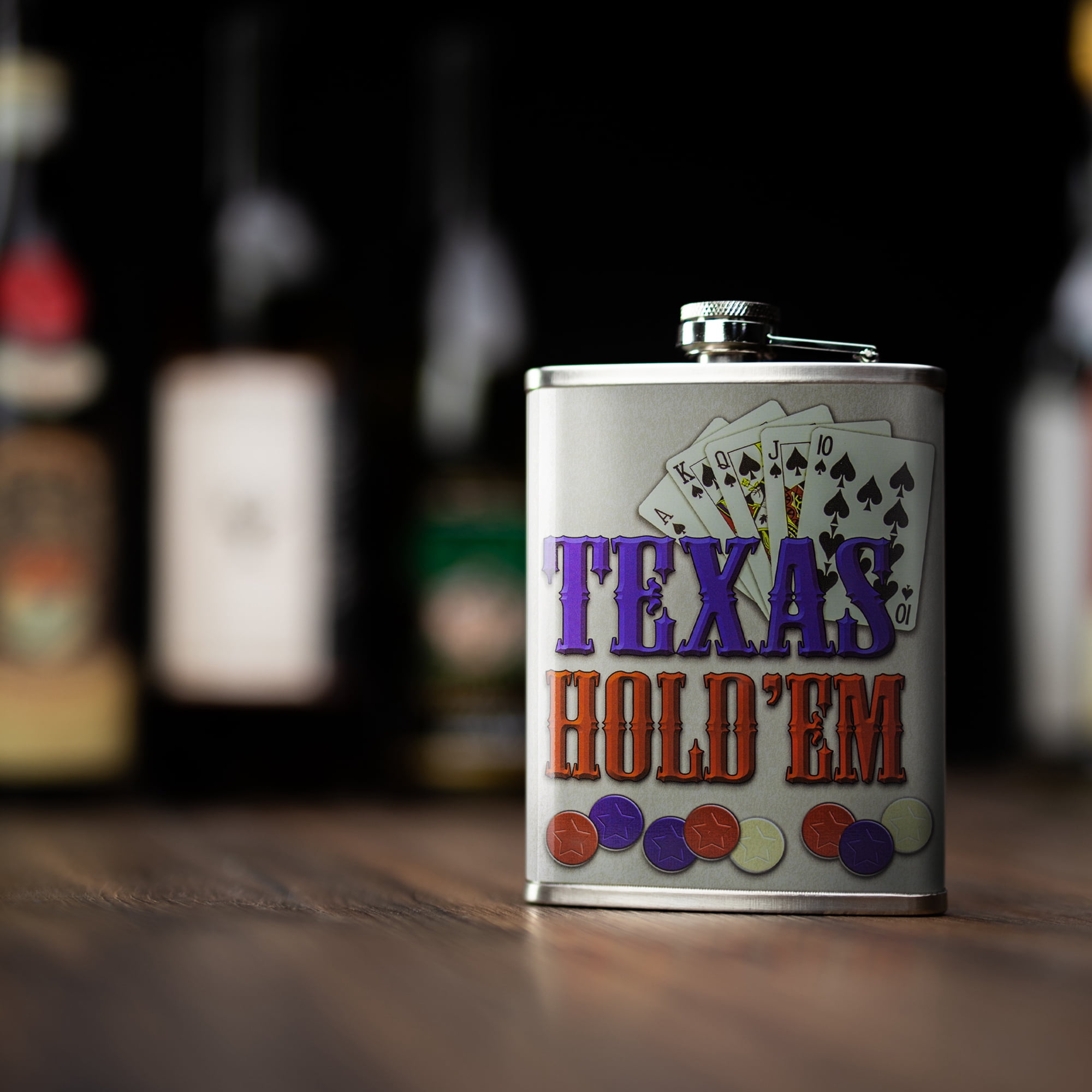 American Art Decor 8 oz Liquor Flask – Texas Hold’em Stainless Steel Hip Flask – Novelty Flask for Men and Women (5.5" x 4" x 1.25")