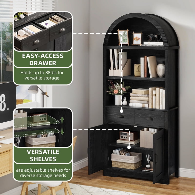 Uforic 71 " Tall Bookshelf with Storage, Wooden Arched Bookcase with 2 Drawers and Shelves for Living Room, Black
