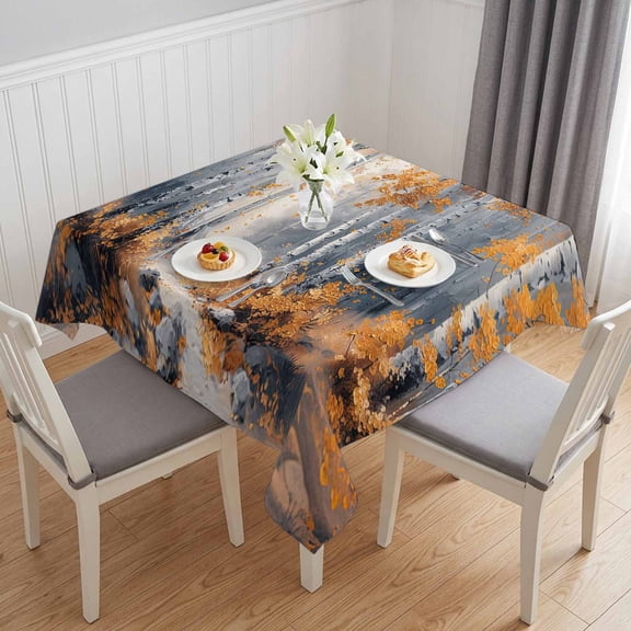Orange Navy Blue Table Cloth Waterproof Tablecloths, Modern Oil Painting Art Forest Tablecloth Dining Table Cover for Kitchen Party Tabletop Outdoor, Square Tablecloth 54x54 Inch
