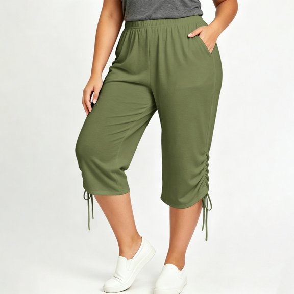Kinrui Women's Plus Size Capri Sweat Pants Lounge Elastic Waist Casual Comfy Joggers Side Ruched Pants with Pockets Army Green XL