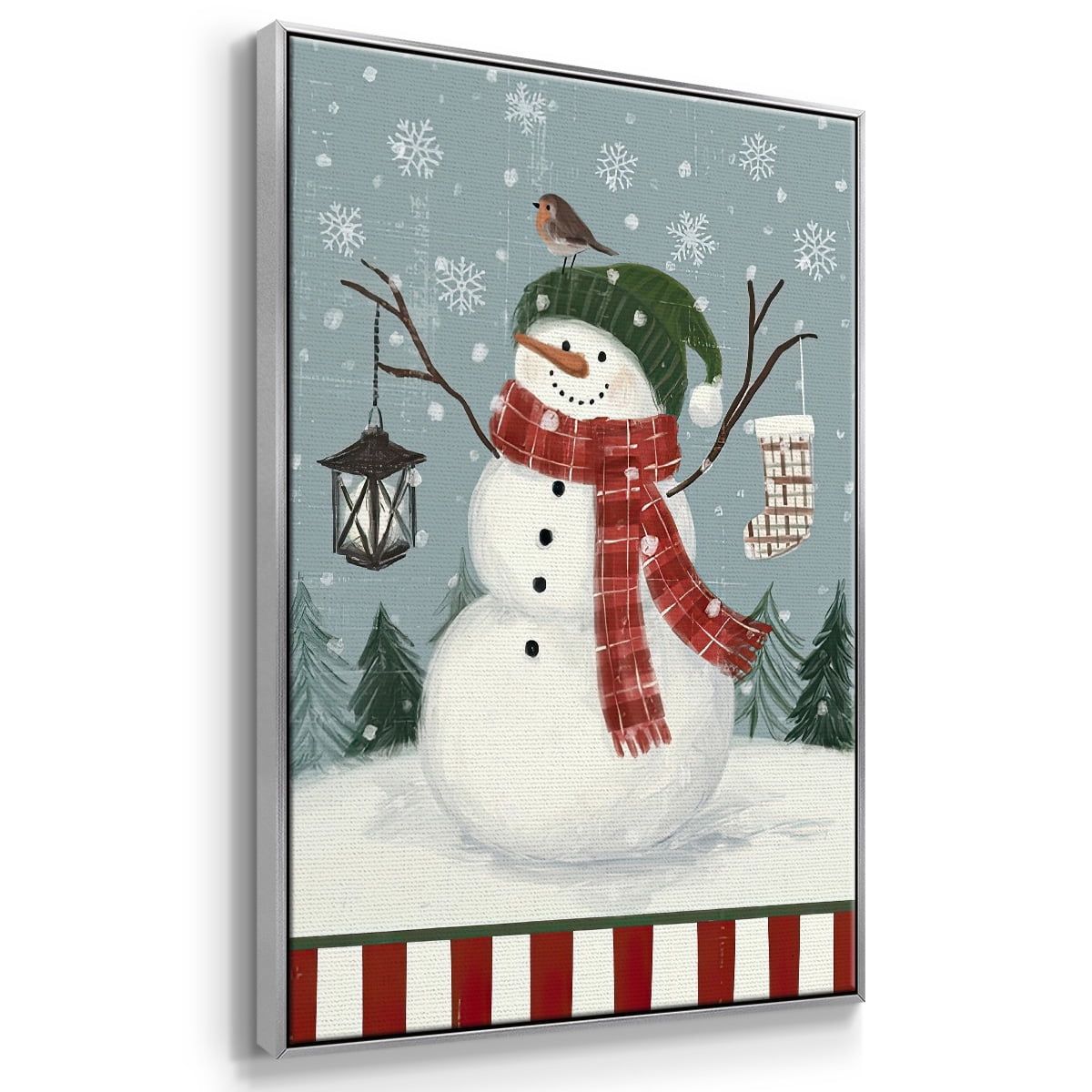 Jolly Snowman Collection B - Framed Gallery Wrapped Holiday Canvas - 27 x 41 - Silver Frame