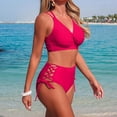 thumbnail image 2 of Hesxuno Womens 2 Piece Swimsuit Set Cross Back V Neck Bikini Top with Side Tie Bottoms Summer Beach Bathing Suit Hot Pink S, 2 of 8