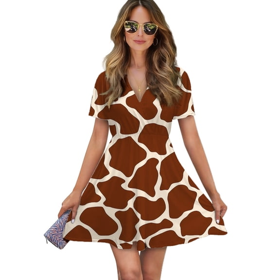 Giraffe Pattern Women Dress V-Neck Short Sleeve Flowy Swing Party Midi Dress