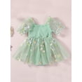 thumbnail image 3 of Suealasg Baby Girl Birthday Outfit Newborn Summer Boho Clothes Short Puff Sleeve Bow Front Ribbed Tulle Romper Dress Infant Photography Clothing 12-18 Months, 3 of 7
