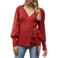 thumbnail image 1 of Prolriy Chandails pour Femmes, Chandail Cache-Cœur Col en V Automne Hiver Manches Ballon Tricoté Côtelé Chandail à Nouer devant Haut Jumper Chandails Femmes Hauts Femmes, 1 of 9