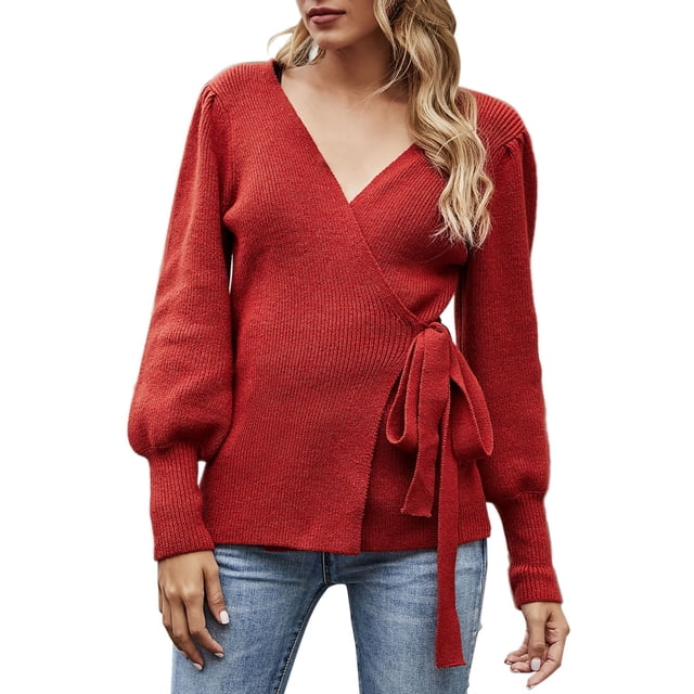 Prolriy Chandails pour Femmes, Chandail Cache-Cœur Col en V Automne Hiver Manches Ballon Tricoté Côtelé Chandail à Nouer devant Haut Jumper Chandails Femmes Hauts Femmes