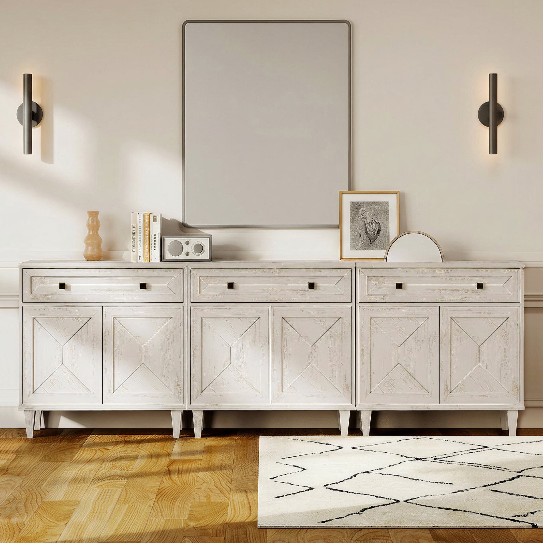 WAMPAT Handmade Patchwork 94.5" TV Stand with Cabinet, Fits up to 100" TV, White