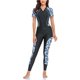 thumbnail image 1 of Traje de surf de manga corta para mujer, cremallera frontal, protección UV, elástico, estampado de camuflaje, protector contra erupción, manga negra y azul L, 1 of 7