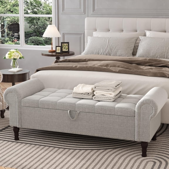 Light Gray Tufted Storage Bench With Nailhead Trim And Rolled Arms