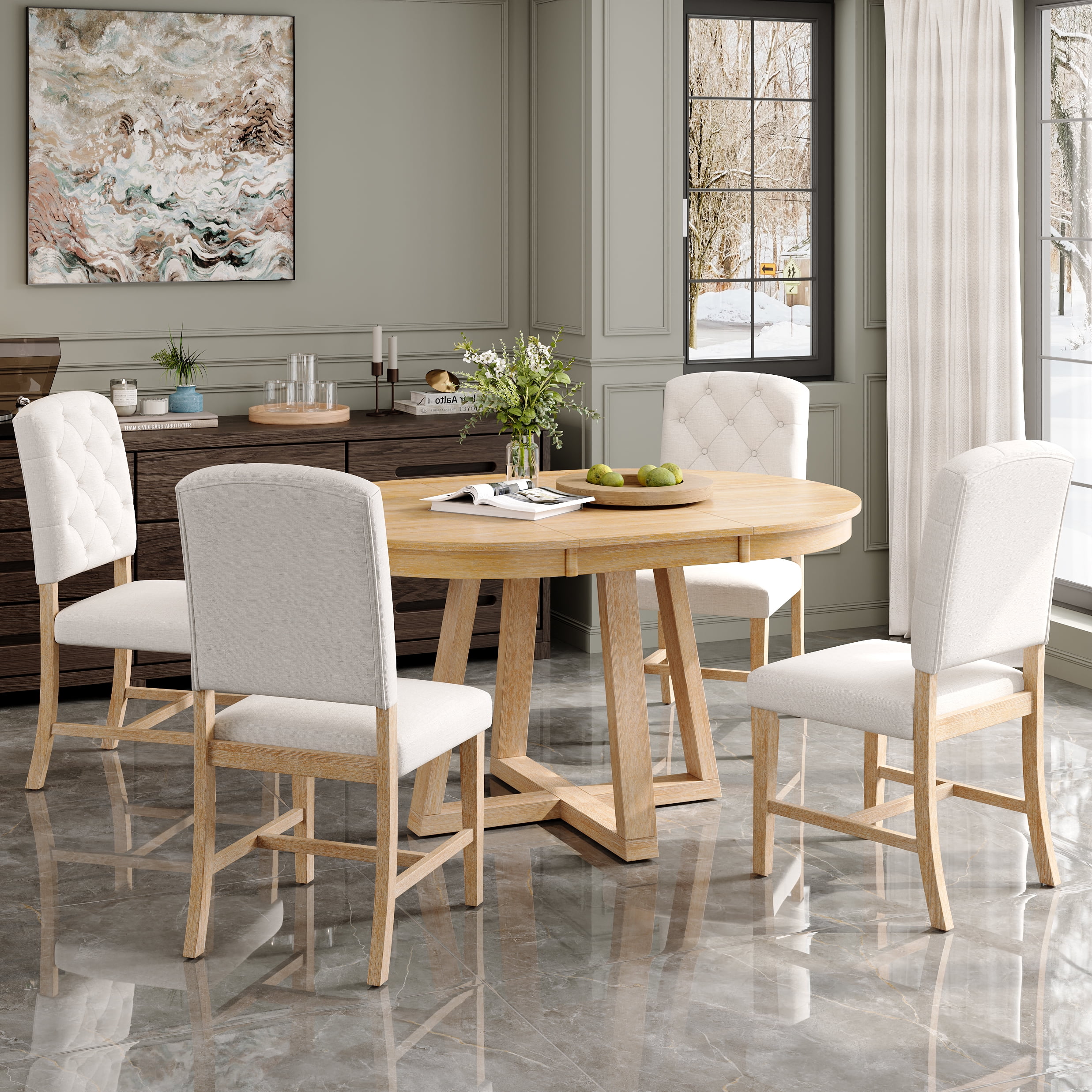 5-Piece Dining Table Set for 5, 42"-58" Extendable Round Dining Table with 4 Upholstered Chairs