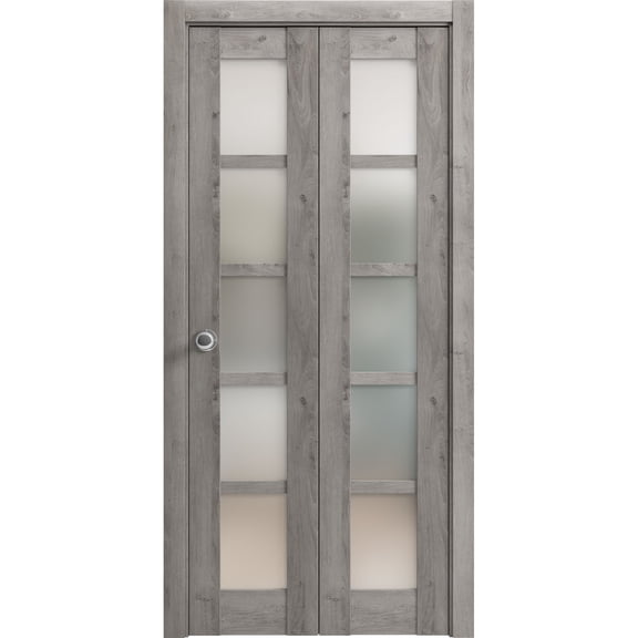 Sliding Closet Bi-fold Doors 56 x 80 inches | Quadro 4002 Nebraska Grey with Frosted Glass | Sturdy Tracks Moldings Trims Hardware Set | Wood Solid Bedroom Wardrobe Doors