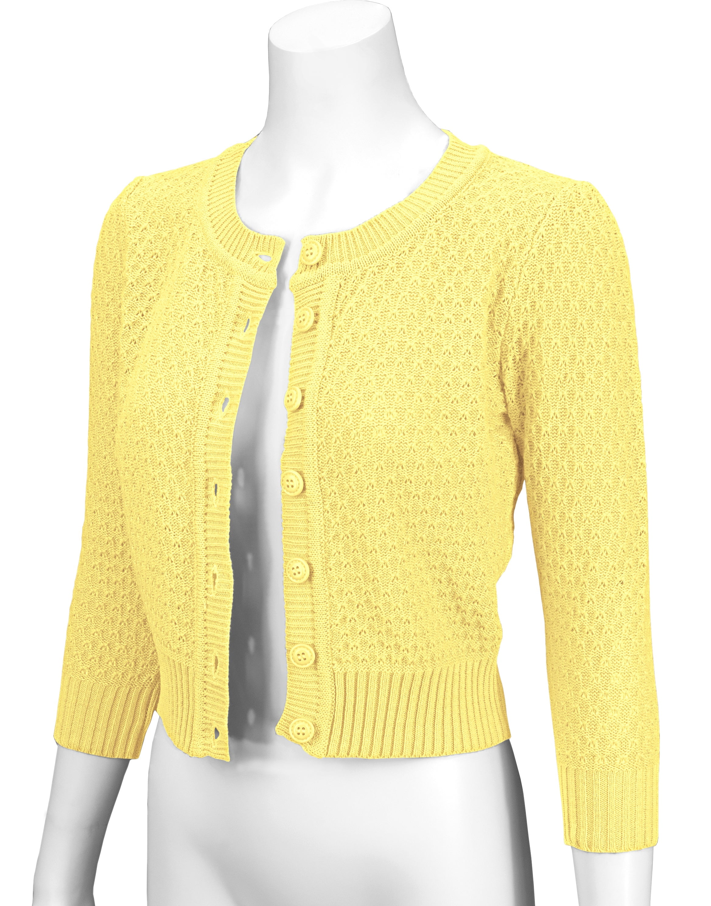 YEMAK Women's Crewneck Button Down 3/4 Sleeve Cropped Knit Cardigan Sweater MK3514