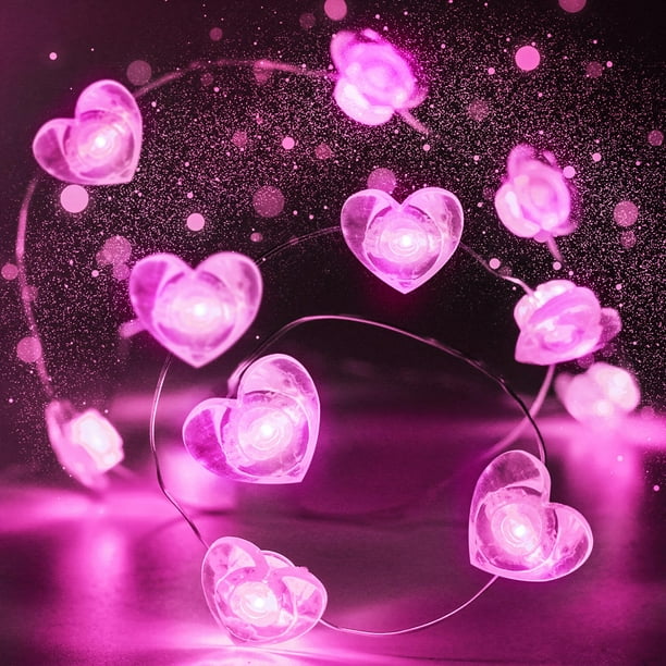 Cadena de luces LED EXF de 3 m con forma de corazón rosa, batería operativa, resistente al agua