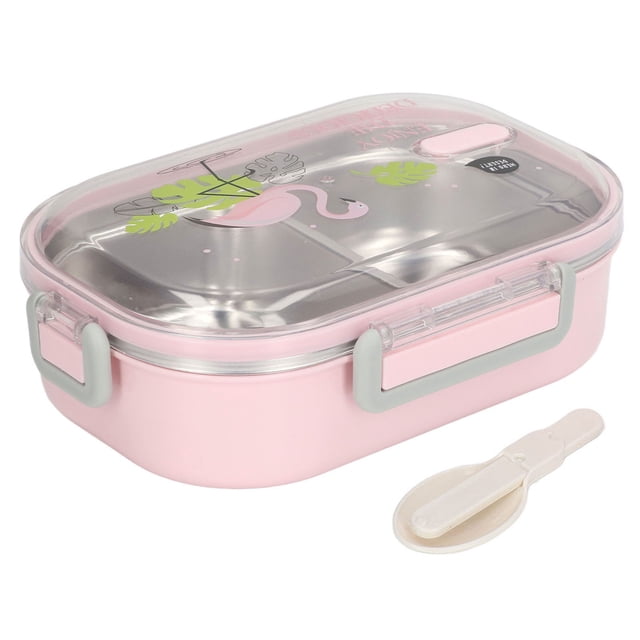 304 Stainless Steel Lunch Box Compartment Liner Thermal Insulation Bento Lunch Box Illustration Style Leak Proof Container for Student Children Transparent Pink Bird