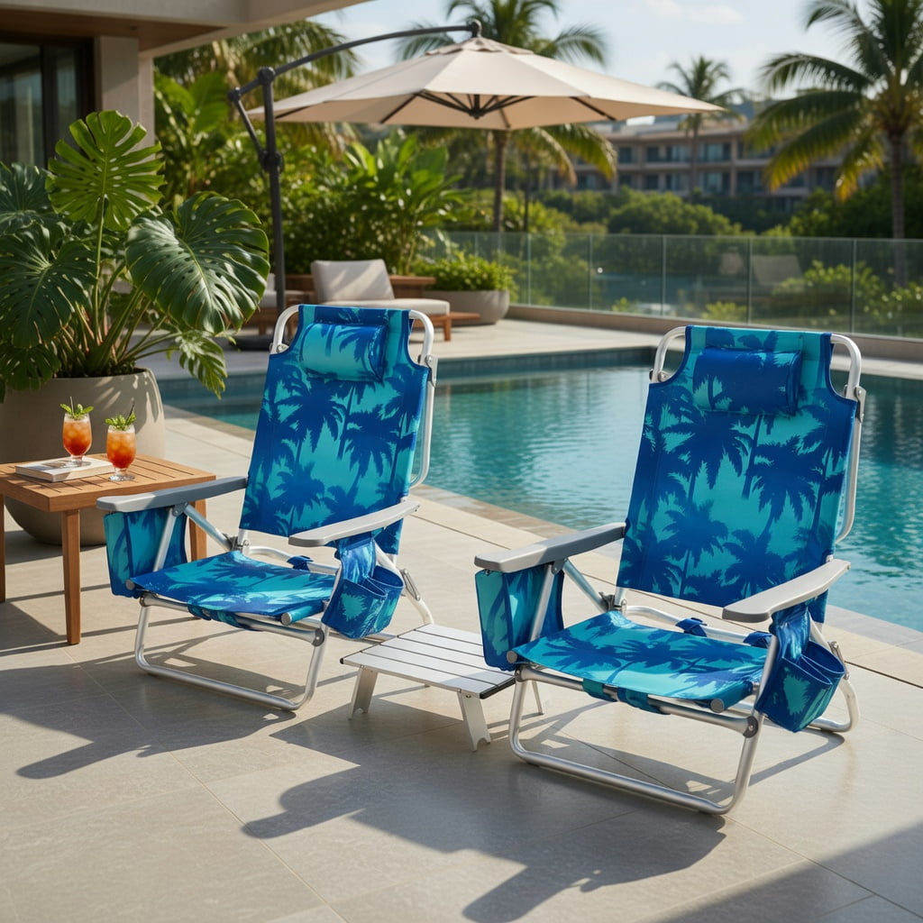 Hommoo 2-Pack Adjustable 5-Position Folding Beach Chairs with Portable Side Table, Aluminum Frame, Perfect for Camping, Fishing & Outdoor Relaxation, Navy