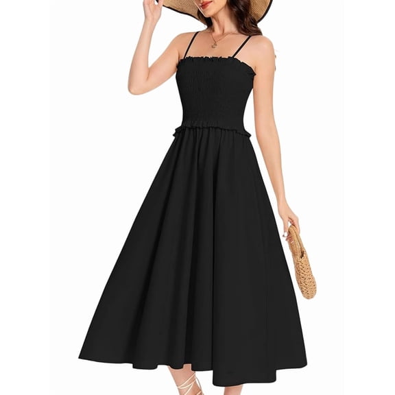 Women'S Summer Maxi Dress Sleeveless Sundress Strap Smocked Beach Dresses Black L