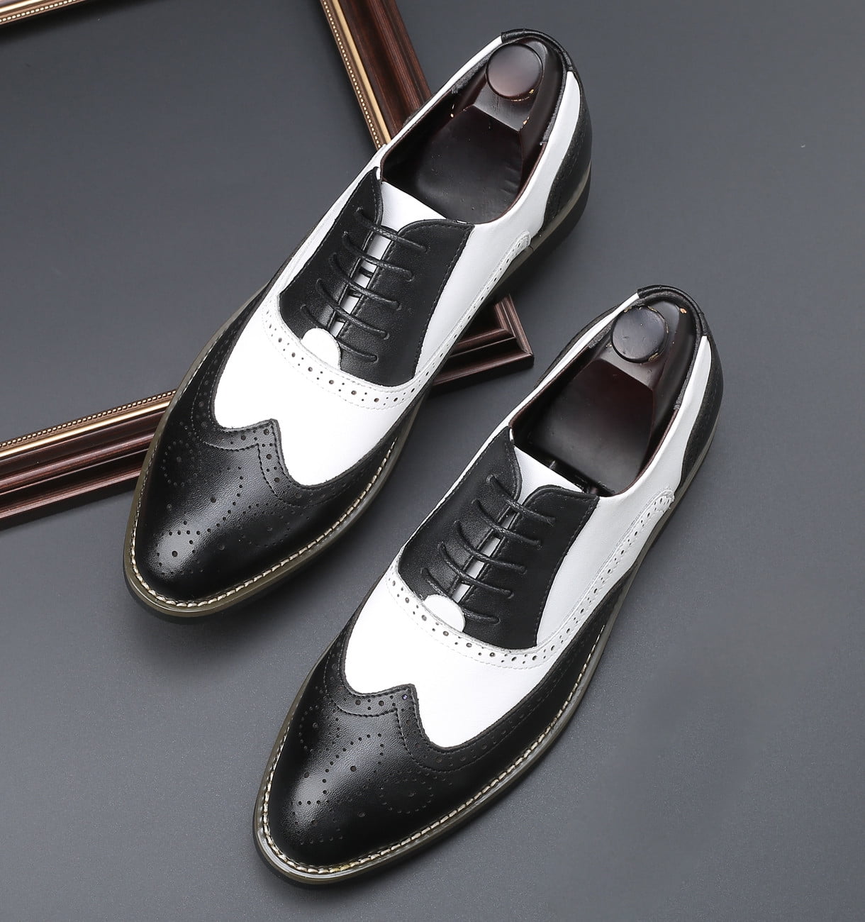 Santimon Men Oxford Shoes Brogue Lace Up Pointed Toe Formal Dress