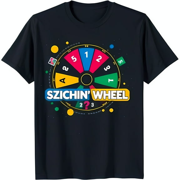 Men s Black T-Shirt with Colorful Wheel of Fortune Graphic SZICHIN WHEEL Design