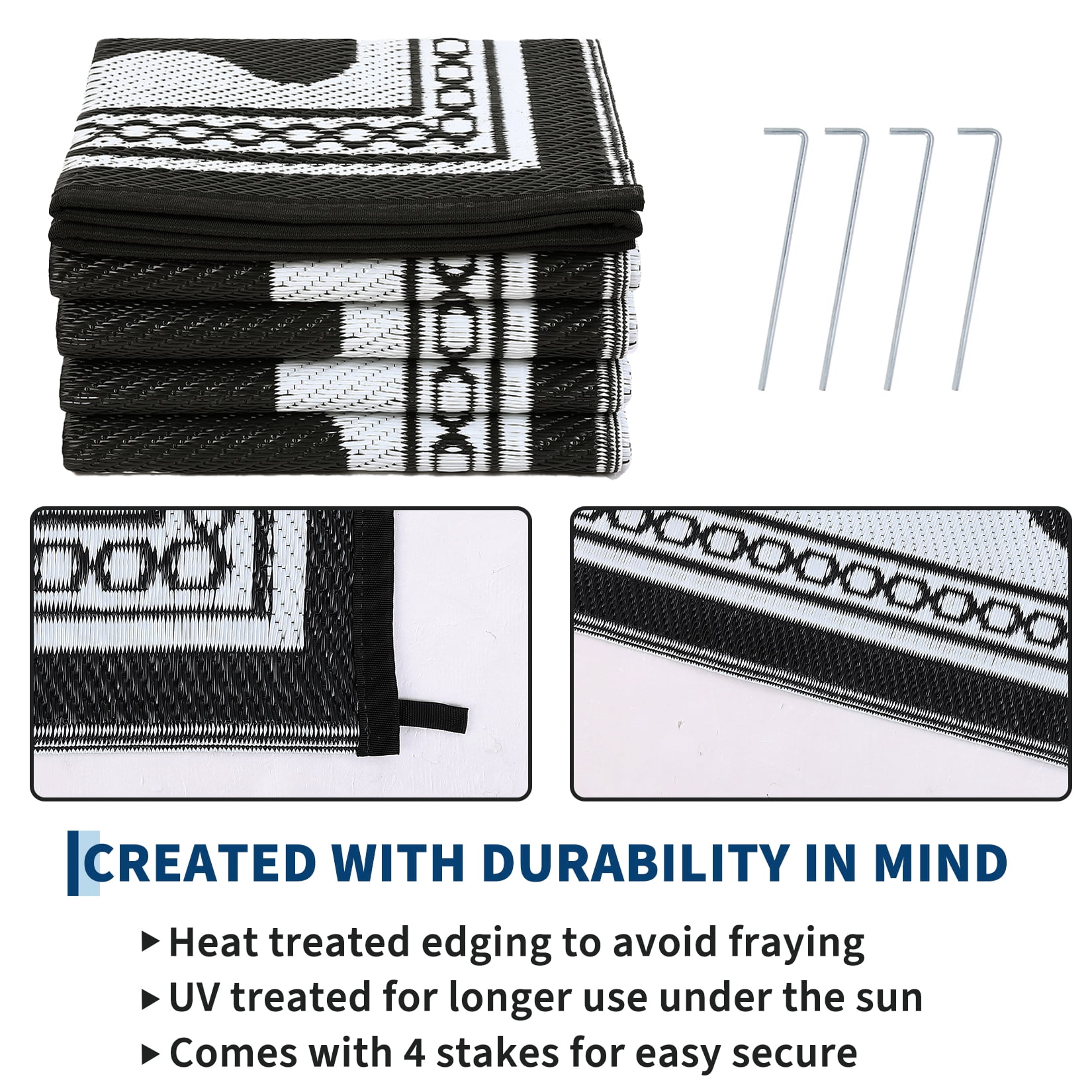 HIWEAVER Black/White8'x 10' Outdoor Rug Garden Decor Scolloped Bordered Carpet Plastic Straw Waterproof Reversible Patio Area Rug for Balcony Deck Picnic Portable Camping Mat