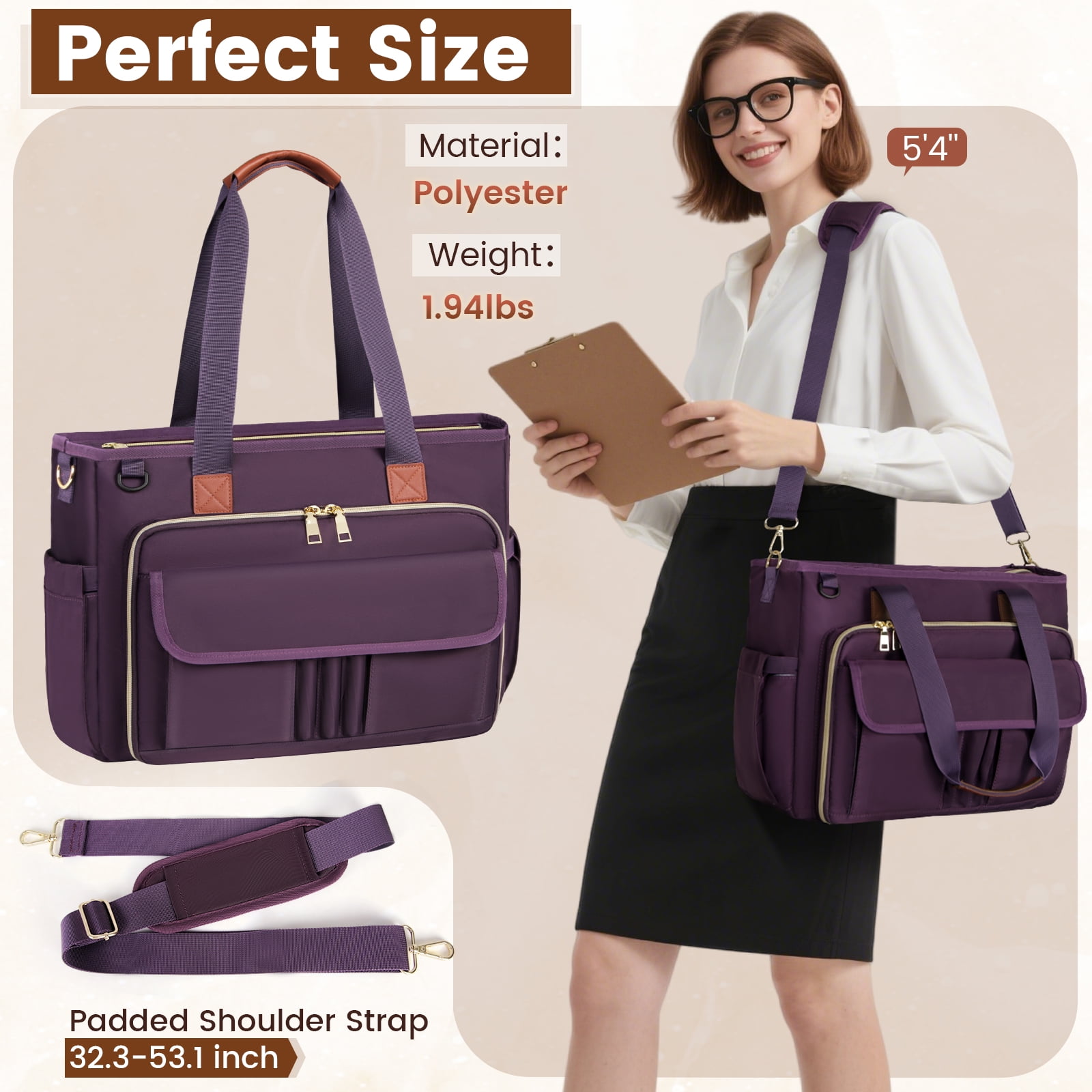 RAINSMORE Teacher Tote Bag 15.6 inch Laptop Bag for Women Work Bags Nurse Bag Lightweight Laptop Tote Computer Briefcase