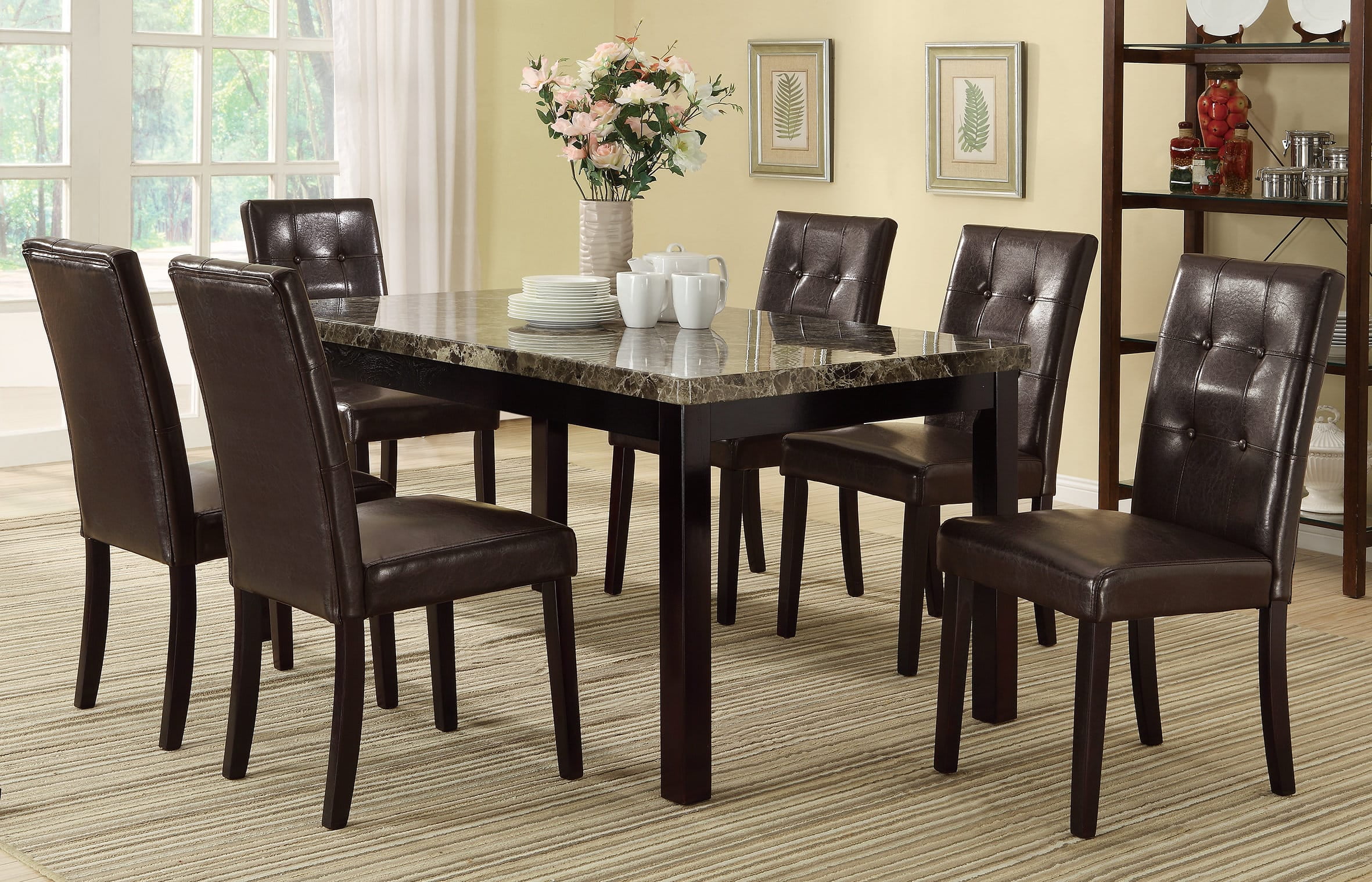 7pc Dining Set Brown Tufted Faux Leather 6x Chairs Cushion Comfort Faux