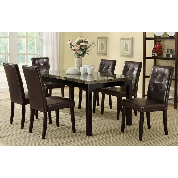 7pc Dining Set Brown Tufted Faux Leather 6x Chairs Cushion Comfort Faux Marble Top Dining Table Furniture Beautiful Seating
