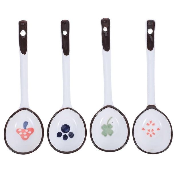 4pcs Long Handle Ceramic Spoons Reusable Lightweight Cutlery for Soup, Porridge & Noodles with Cherry Blossom and Four Leaf Design