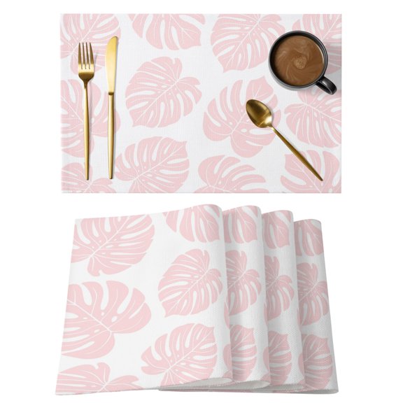 Pink Monstera Leaf Placemats Set of 8 Tropical Plant Foliage Botanical Boho Place Mats Indoor Wipeable Table Mats Washable Cloth Dining Table Placemats for Kitchen Holiday Party Home Decor 13x19 Inch