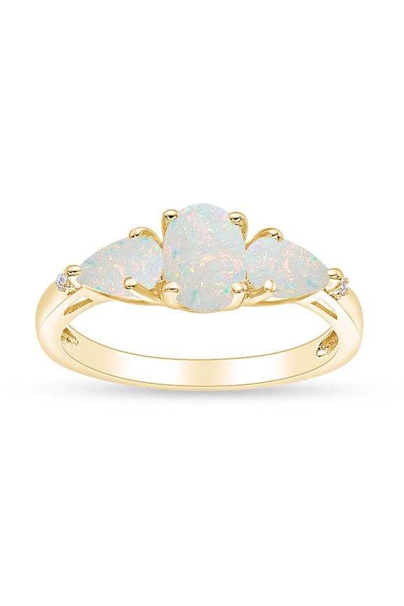 Oval, Pear Cut Lab Created Opal Gemstone & Natural Diamond Accent Three Stone Engagement Ring In 14k Yellow Gold Over Sterling Silver