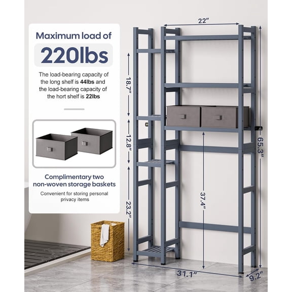 Over The Toilet Storage with Basket and Drawer,  Bathroom Organizer with Adjustable Shelf & Waterproof Feet Pad, Space Saver Rack for Restroom, Laundry,