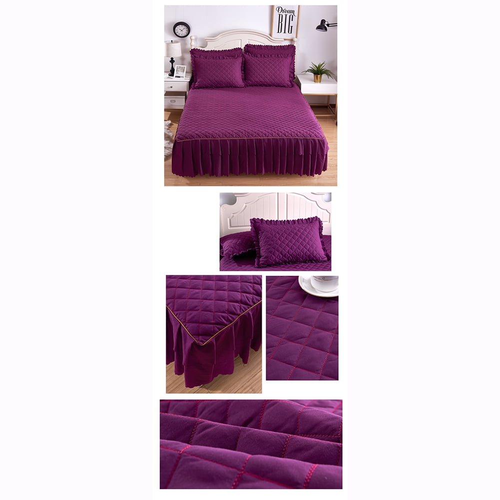 3PCS Set Solid Color Quilted Cotton Wrap Around Bed Skirts Queen Bed