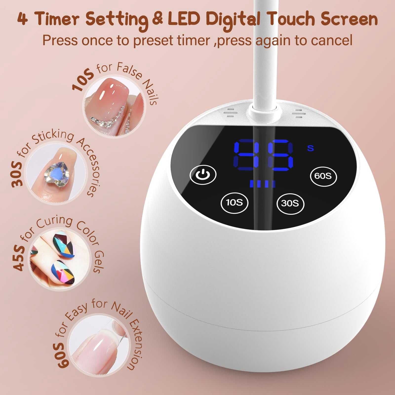 UV LED Nail Lamp Cordless 36W Rechargeable Nail Dryers with Smart Sensor & 4 Timers Portable Flash Cure Nail Light Fast Curing Rotatable Gooseneck Gel Polish Lamp, White