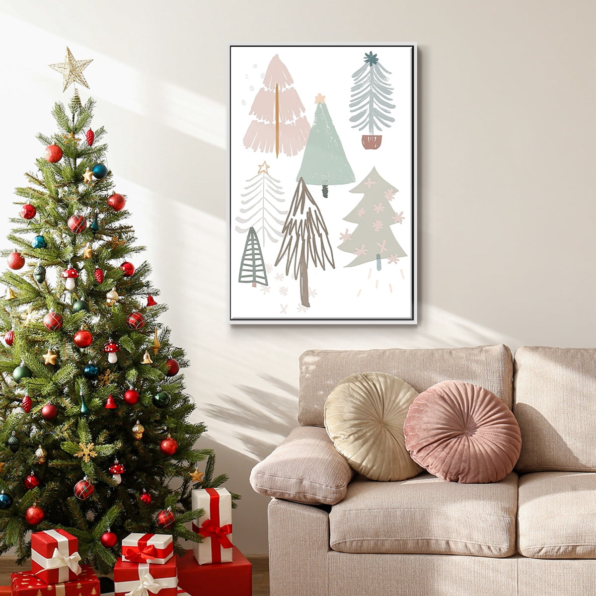 Christmas Tree Sketchbook Collection B - Framed Gallery Wrapped Holiday Canvas - 27 x 41 - White Frame
