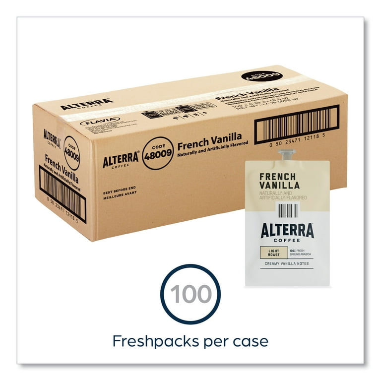 Alterra French Vanilla Coffee Freshpack, French Vanilla, 0.23 oz Pouch, 100/Carton Alterra French Vanilla Coffee Freshpack, French Vanilla, 0.23 oz Pouch, 100/Carton
