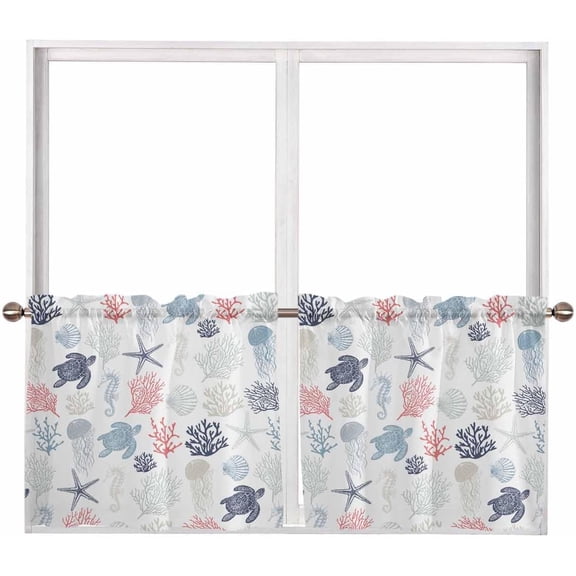 Summer Ocean Sheer Curtains for Bedroom Living Room Window Tier Curtain 24 Inch Length, Rod Pocket Voile Drapes Kitchen Curtains Small Half Window 2 Panels Sea Turtle Starfish Coral Shell Seahorse