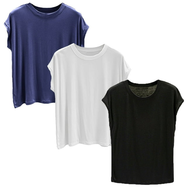 Yubnlvae Lot de 3 T-Shirts de Base en Modal - T-Shirts à Col Rond Doux à Manches Courtes pour Femmes (Port Quotidien Respirant / Confort Léger) (E / m)