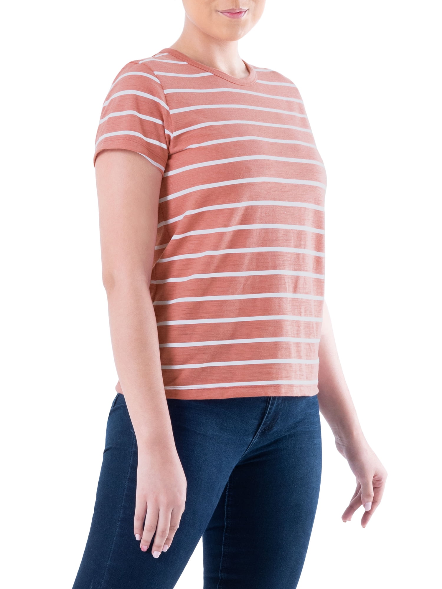 Time and Tru Womens Striped Short Sleeve Slub Crew Neck T-Shirt
