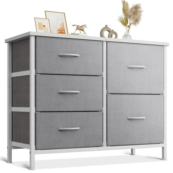 AODK Small Fabric Dresser Chest of Drawers with 5 Storage Drawers for Bedroom or TV Stand, White and Light Grey, Ideal for Small Spaces