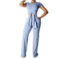thumbnail image 2 of Frostluinai Sweatsuits for Women Workout Tie Front Crop Tops High Waist Straight Leg Pants Solid Ribbed Knit Sets 2 Piece Slim Yoga Sets with Pocket, 2 of 6