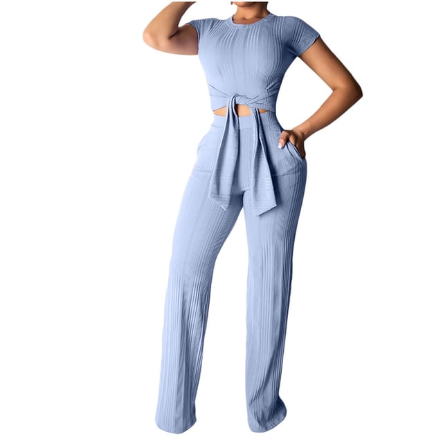 Womens Short Sleeve Ribbed Tie Up Crop Top Pockets Loose High Waist Long Pants Set 2 Piece Party Club Outfits Jumpsuits