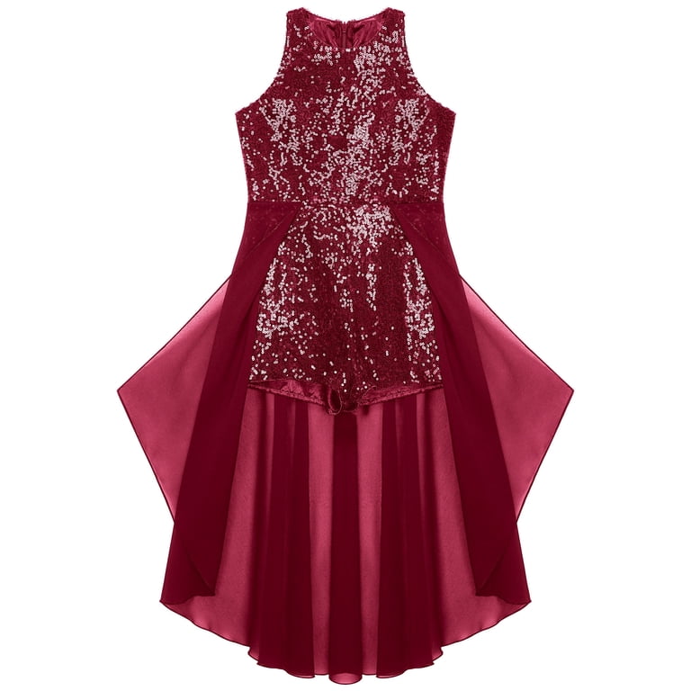 Aislor Big Girls Sequins Romper Formal Dress Birthday Evening Chiffon Ball Gown 6-16 Burgundy 12