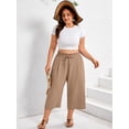 thumbnail image 2 of SHOWMALL Women's Plus Size Capris with Pockets, High Waisted Elastic Waist Cropped Pants, Light Khaki 3X Wrinkle-Resistant Wide Leg Culottes for Office & Vacation, 2 of 8