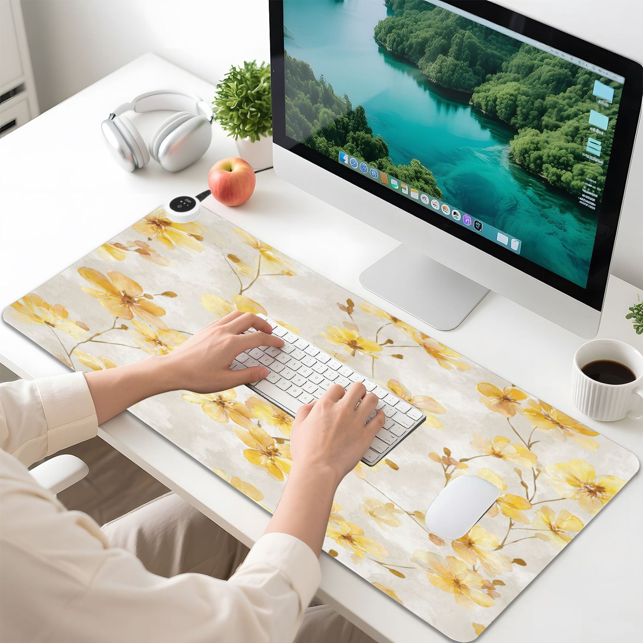 Large Heated Desk Mat Mouse Pad 31.5"x13"PU Leather Graphene Heating Desk Warmer with 3 Temperature Settings 110V US Plug Non-Slip Warm Pad for Home, Office, and Gaming Cream Yellow Watercolor Floral