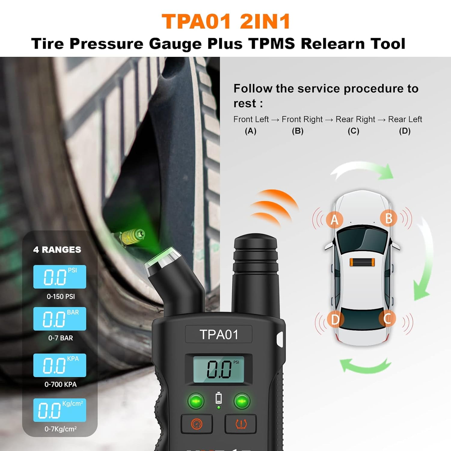 TPA01 TPMS Relearn Tool for GM Plus Digital Tire Pressure Gauge 150 PSI Tire Sensor Reset Tool for Buick, Chevy, Cadillac, Opel (Black)