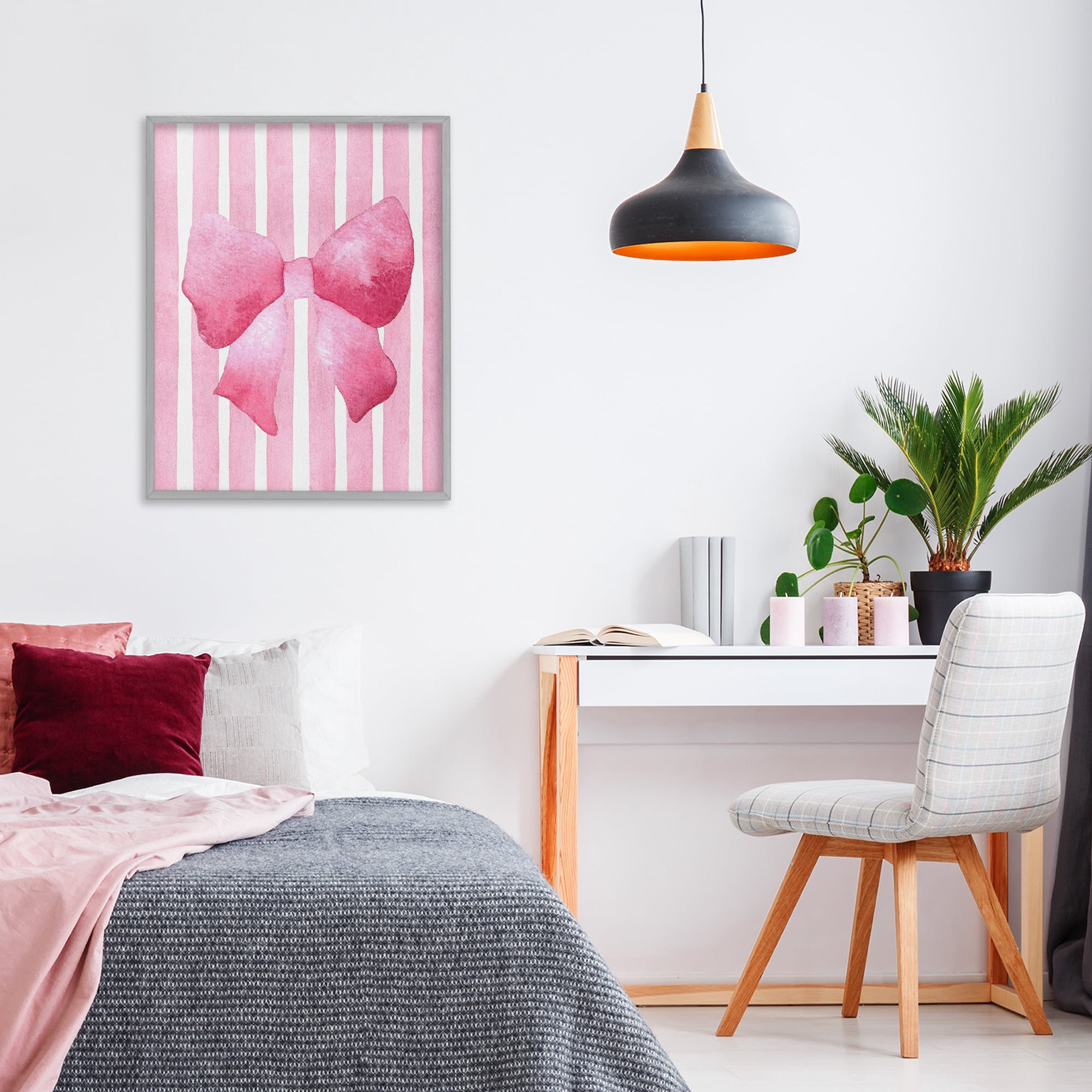 Stupell Industries Chic Bow on Pink Stripes Gray Framed Giclee Art, design by Camila Juncos