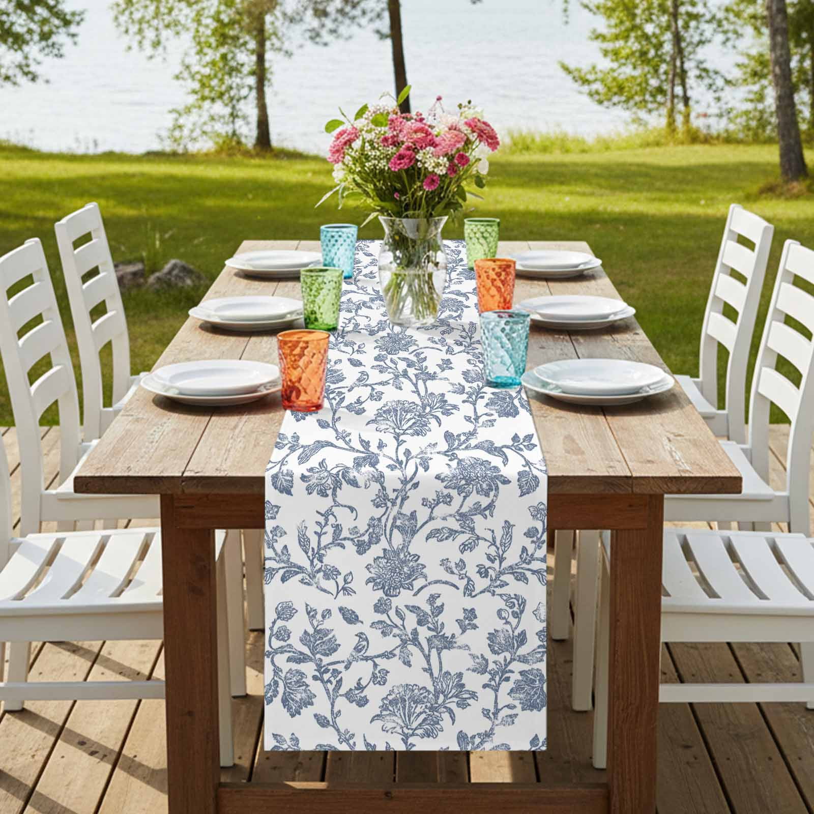 Blue Flower 108 Inch Table Runner, Vintage Farmhouse Boho Leaf Spring Summer Farmhouse Dresser Scarf Cotton & Linen Tablerunner for Dining/Kitchen Island/Holiday Party Décor 13" x 108"